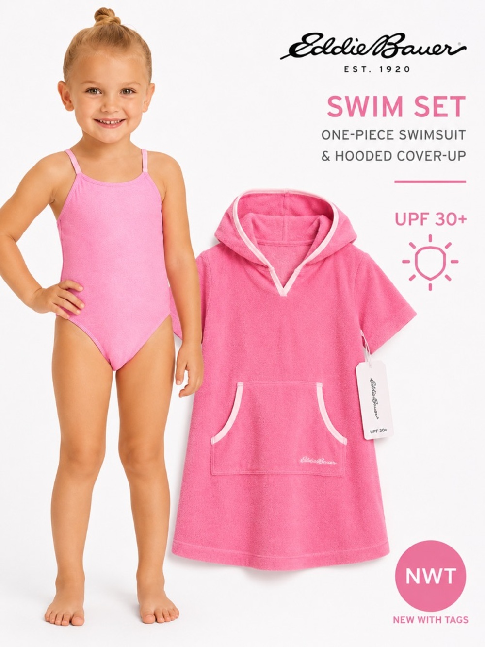Eddie Bauer Girls Pink One-Piece Swimsuit Hooded Cover-Up Set  UPF 30+  Toddler